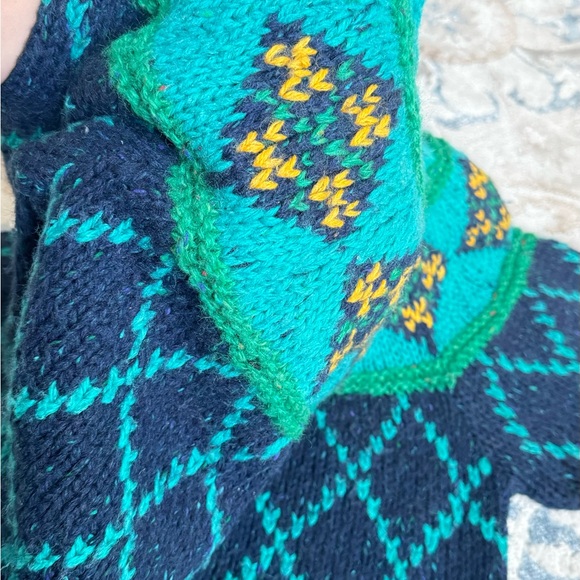 VTG 90’s Liz Sport chunky wool Sweater Green Cropped Checkered Balloon Sleeve S - Picture 10 of 11